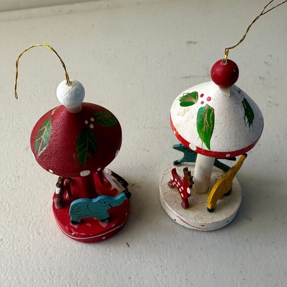 Vintage Hand Painted Wooden Carousel Merry Go Round Christmas Ornaments Lot of 2 - Picture 2 of 3